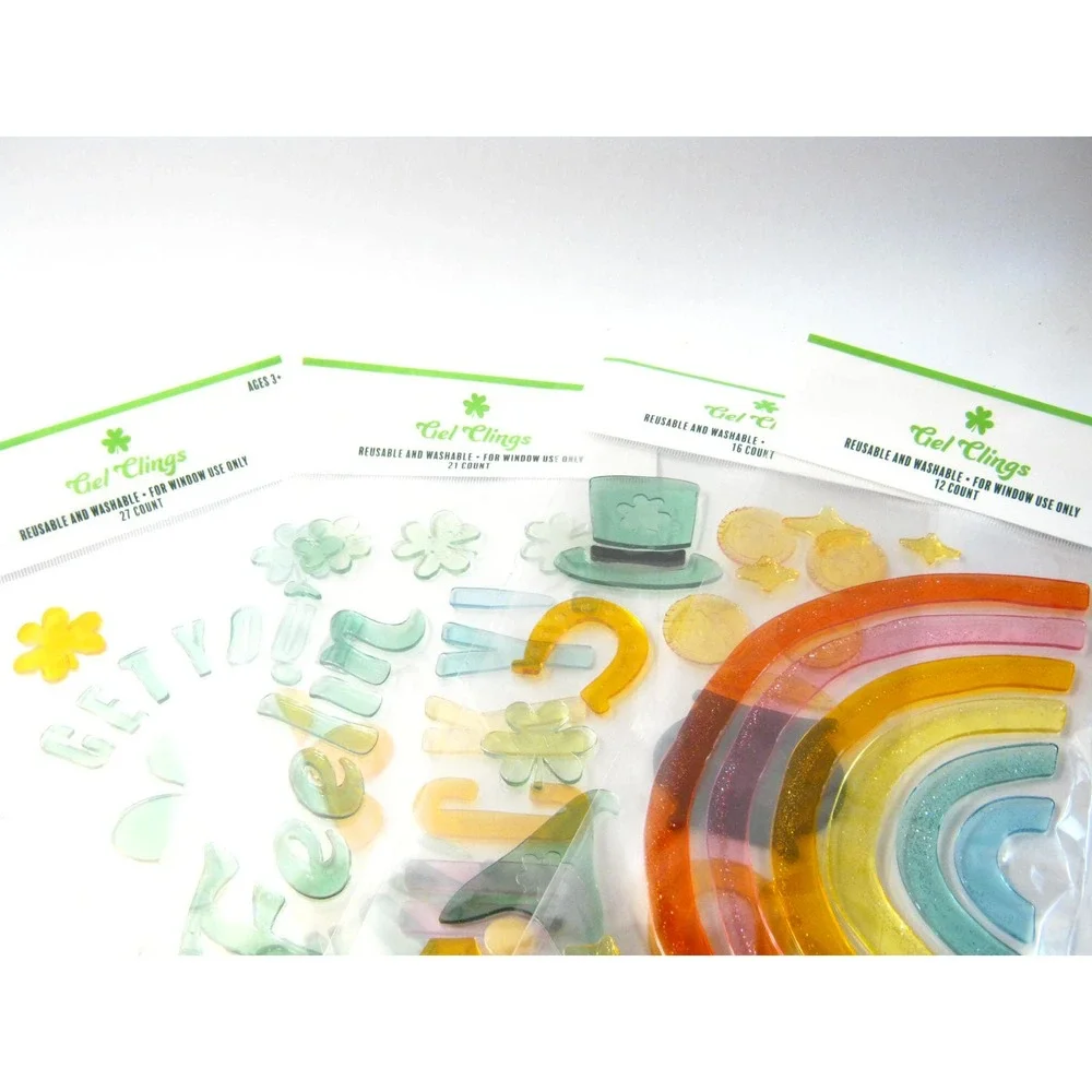 4 Packages St Patricks Day Shamrock Rainbow Gold Coins Horseshoe Window Clings
